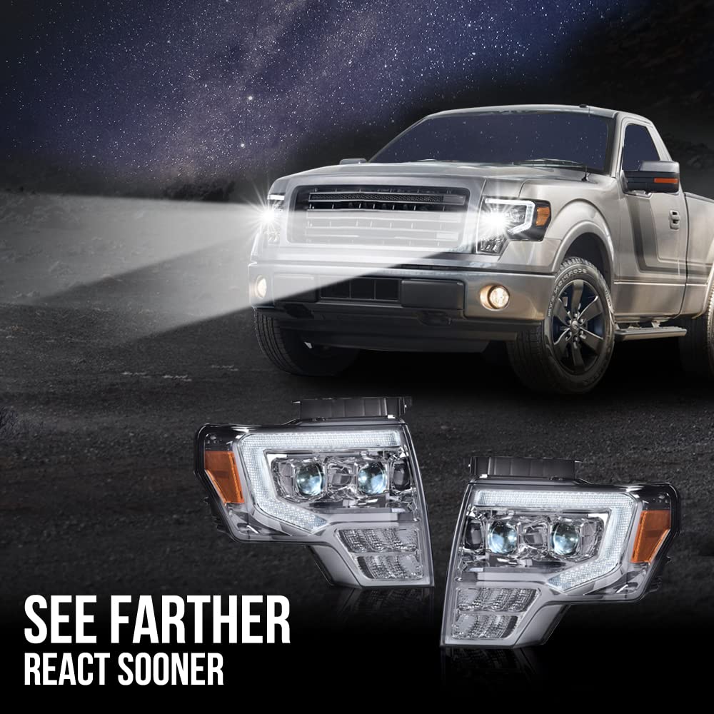 G-PLUS LED Tube Dual Projector Headlights Assembly, Fit for 2009-2014 Ford F150(Only Fit LED) Bumper Headlamps Smoky Lens Chrome Housing Amber Reflector,faros delanteros