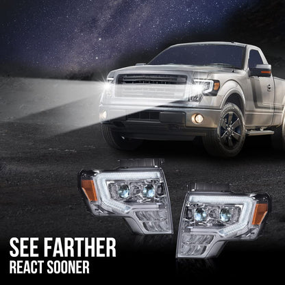 G-PLUS LED Tube Dual Projector Headlights Assembly, Fit for 2009-2014 Ford F150(Only Fit LED) Bumper Headlamps Smoky Lens Chrome Housing Amber Reflector,faros delanteros