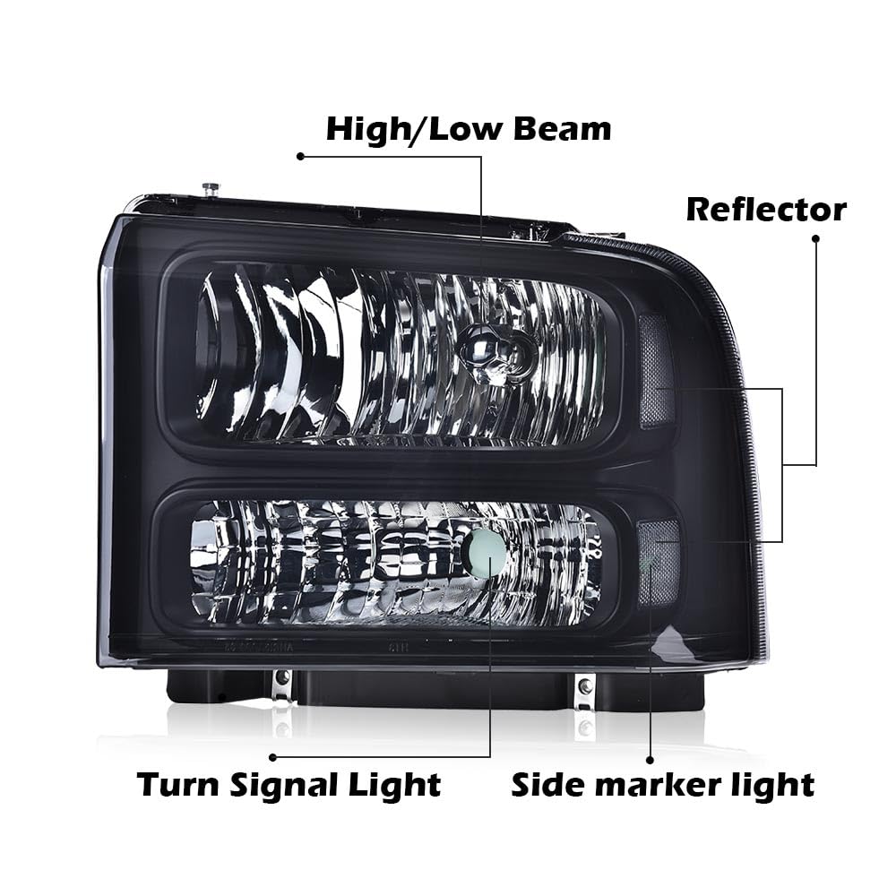 G-PLUS Headlights Fit Ford F250 F350 F450 F550 Super Duty 1999-2004,Not Fit w/Factory Sealed Beam Headlights,Smoky Lens Black Housing Clear ReflectorBumper Headlamps,faros delanteros