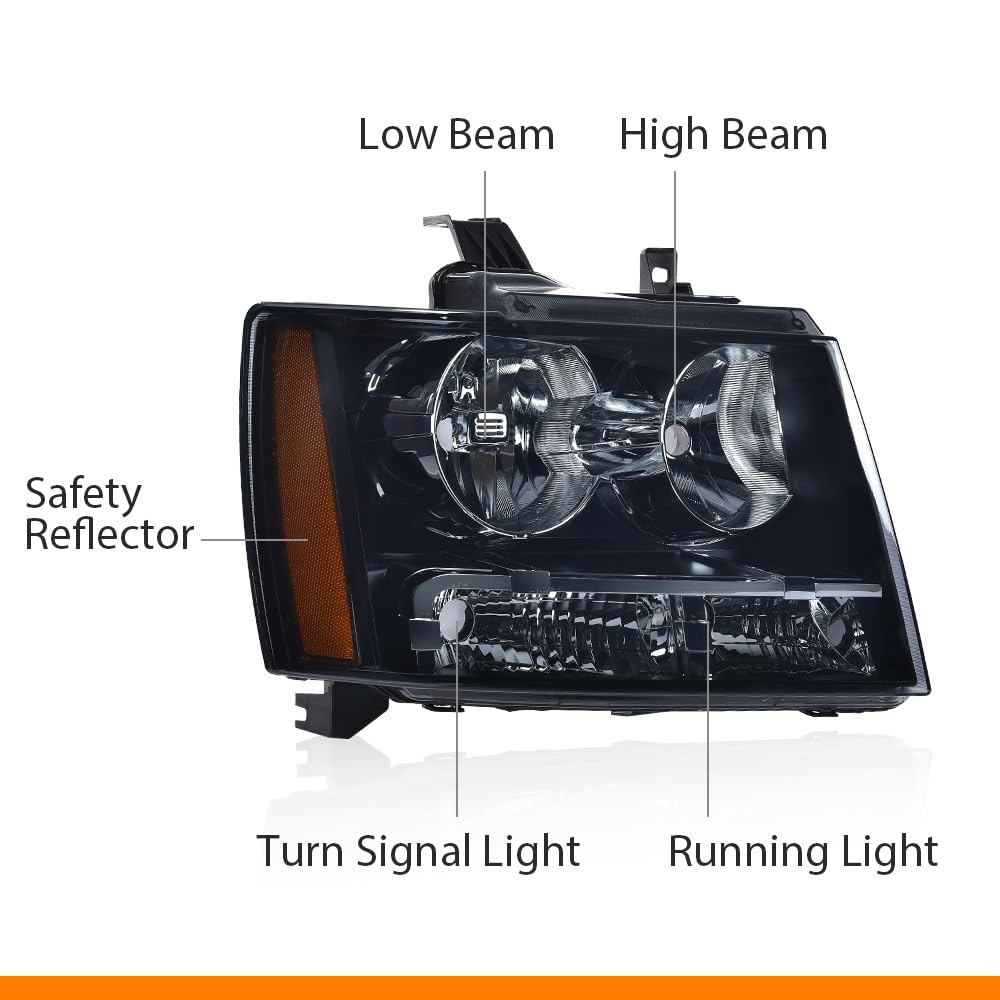 G-PLUS Headlights Assembly Compatible with Chevy Tahoe Subarban Avalanche 2007-2014 Set Pair Bumper Corner Headlamps Left & Right Smoky Lens Black Housing Amber Reflector,faros delanteros