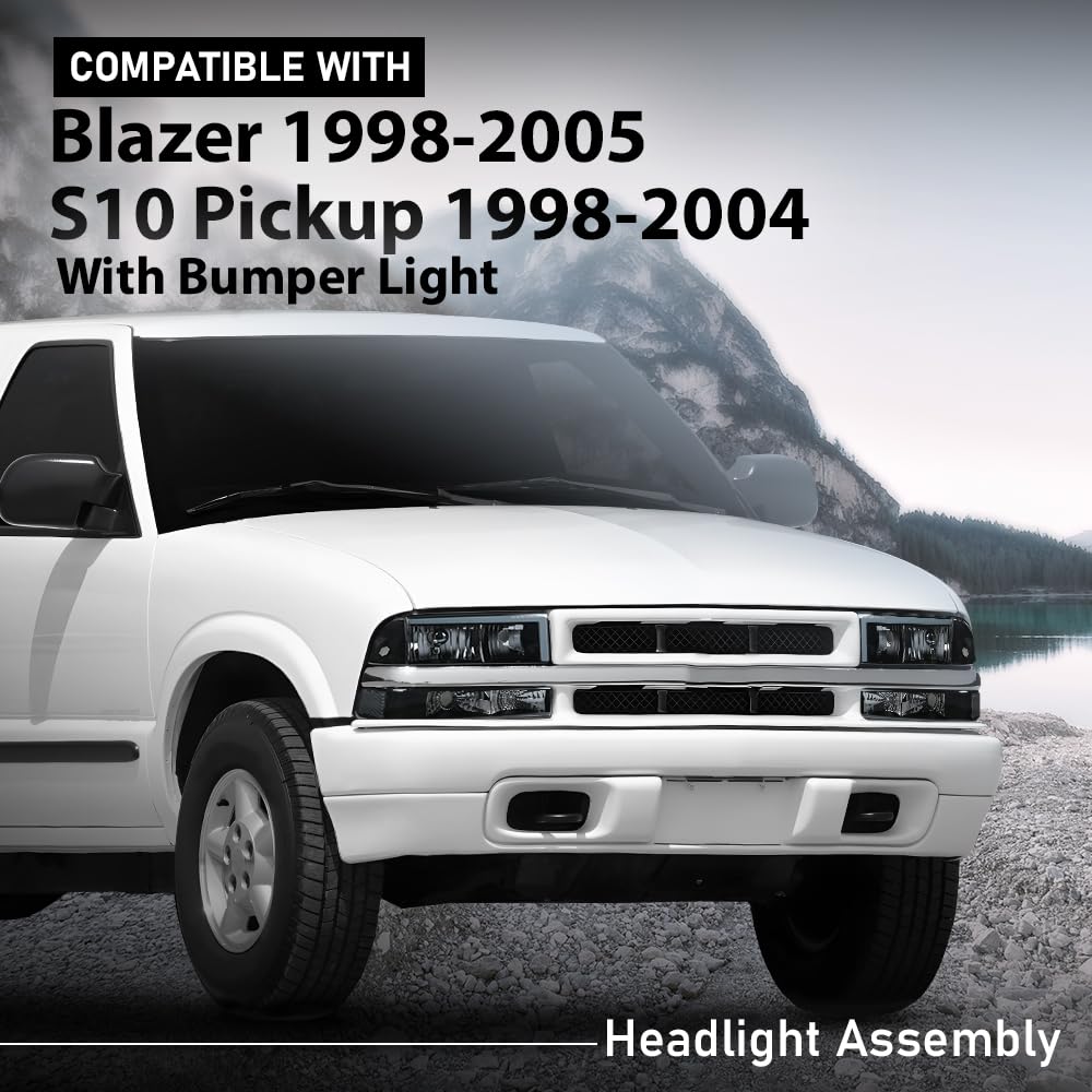 G-PLUS LED Headlights Assembly Front Headlamps Left Right Fit Chevy Blazer 1998-2005, Fit Chevy S10 Pickup 1998-2004 with Bumper Lights Smoke Lens Black Housing Clear Reflector,faros delanteros