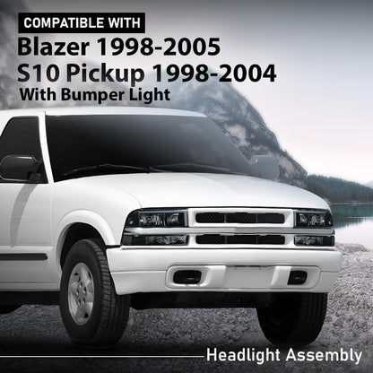 G-PLUS LED Headlights Assembly Front Headlamps Left Right Fit Chevy Blazer 1998-2005, Fit Chevy S10 Pickup 1998-2004 with Bumper Lights Smoke Lens Black Housing Clear Reflector,faros delanteros