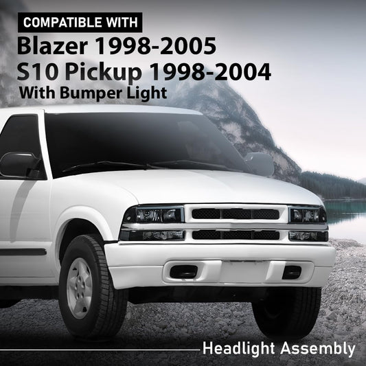 G-PLUS LED Headlights Assembly Front Headlamps Left Right Fit Chevy Blazer 1998-2005, Fit Chevy S10 Pickup 1998-2004 with Bumper Lights Smoke Lens Black Housing Clear Reflector,faros delanteros