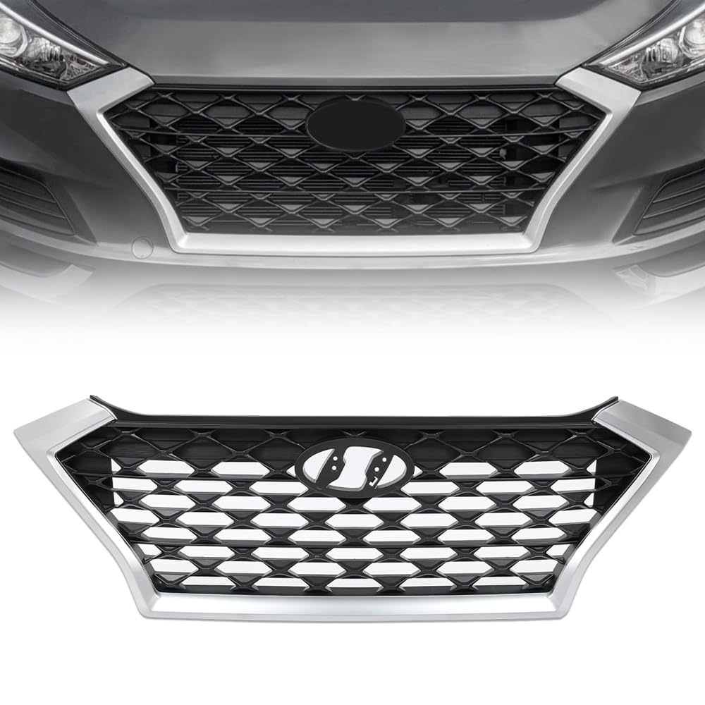 G-PLUS Front Upper Bumper Grille Chrome Gray & Black w/Black accents Compatible with Hyundai Tucson 2019 2020 2021 (For Models without Front Camera) HY1200225 86350D3500 86350-D3500