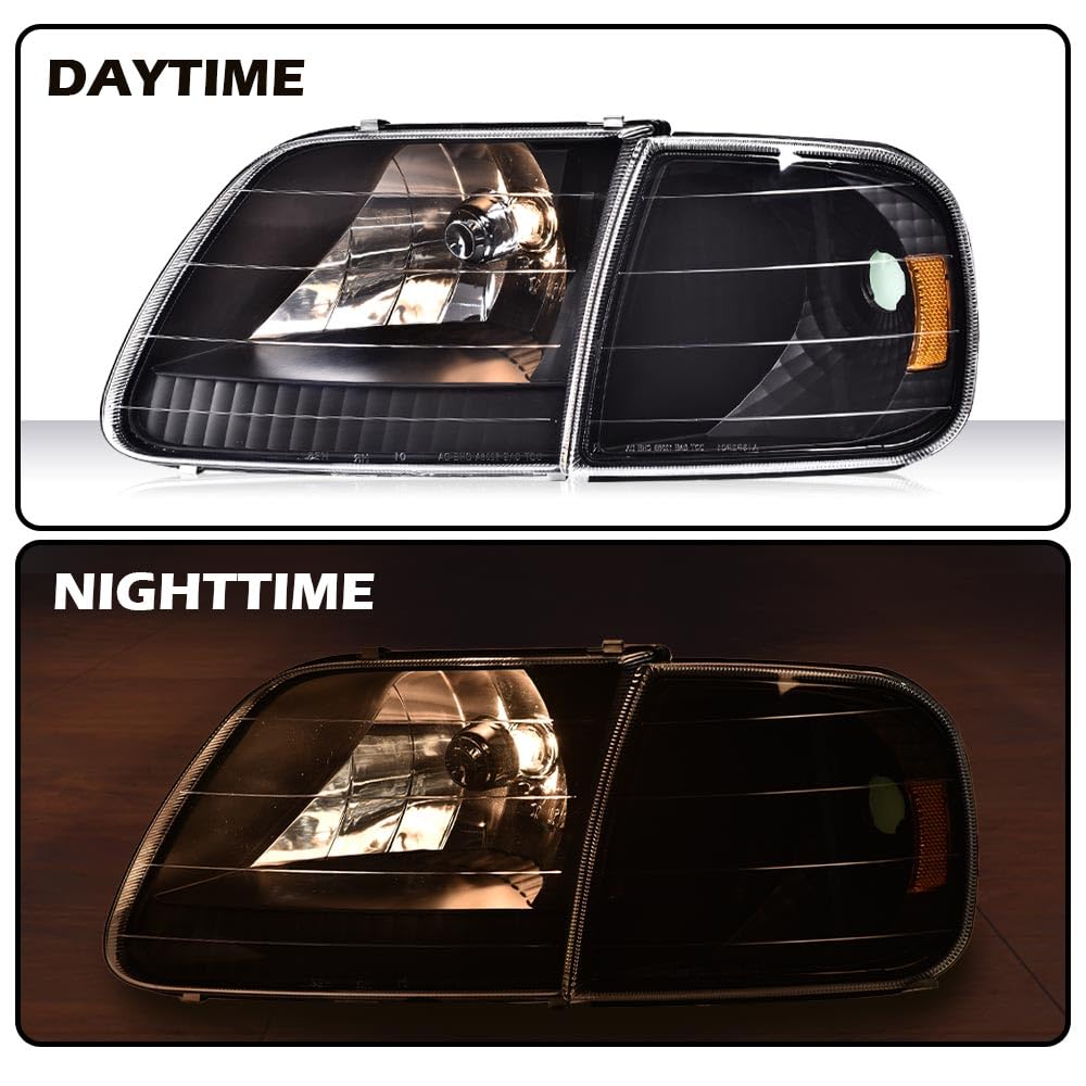 G-PLUS Headlights Assembly with Bulbs, Compatible with Ford Expedition 1997-2002/Fit Ford F150 1998-2003/Fit F250 1997-1999 Bumper Headlamp, Clear lens Black Housing Amber Reflector