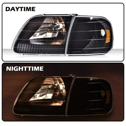 G-PLUS Headlights Assembly with Bulbs, Compatible with Ford Expedition 1997-2002/Fit Ford F150 1998-2003/Fit F250 1997-1999 Bumper Headlamp, Clear lens Black Housing Amber Reflector