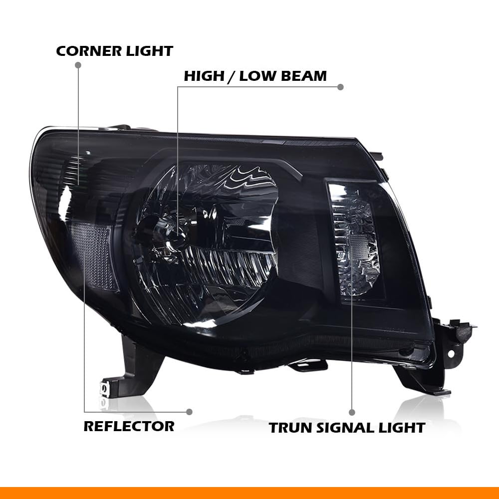 G-PLUS Headlights Assembly Compatible with Toyota Tacoma 2005-2011 Headlamps Pair Halogen Smoky Lens Black Housing Clear Reflector,faros delanteros