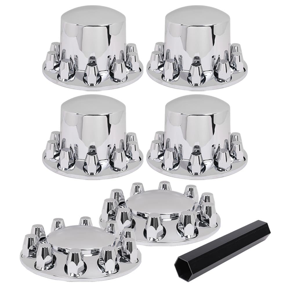 G-PLUS Axle Wheel Covers Removable Hub Caps 2 Front & 4 Rear w/ 33mm Thread-On Lug Nut Covers for Semi Trucks 20" & 22.5" & 24.5" (Chrome ABS Plastic)