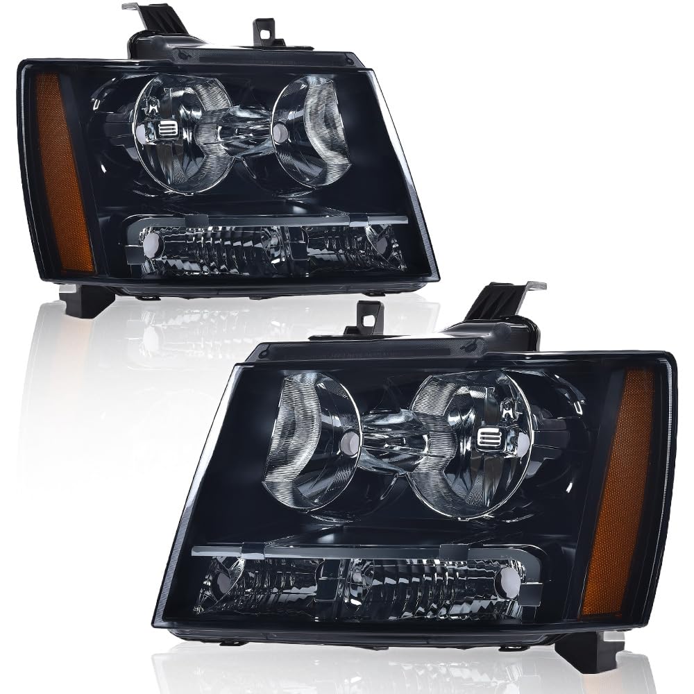 G-PLUS Headlights Assembly Compatible with Chevy Tahoe Subarban Avalanche 2007-2014 Set Pair Bumper Corner Headlamps Left & Right Smoky Lens Black Housing Amber Reflector,faros delanteros