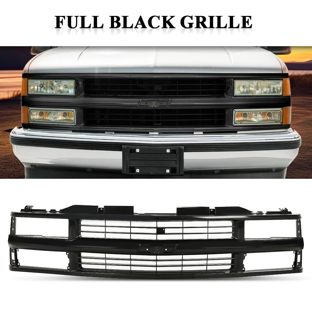 G-PLUS Front Bumper Grille Grill Black Compatible with Chevy Silverado Blazer C/K 1500 2500 3500 Suburban Tahoe 1994-2000 For Models with Composite Headlights 15981092 GM1200239