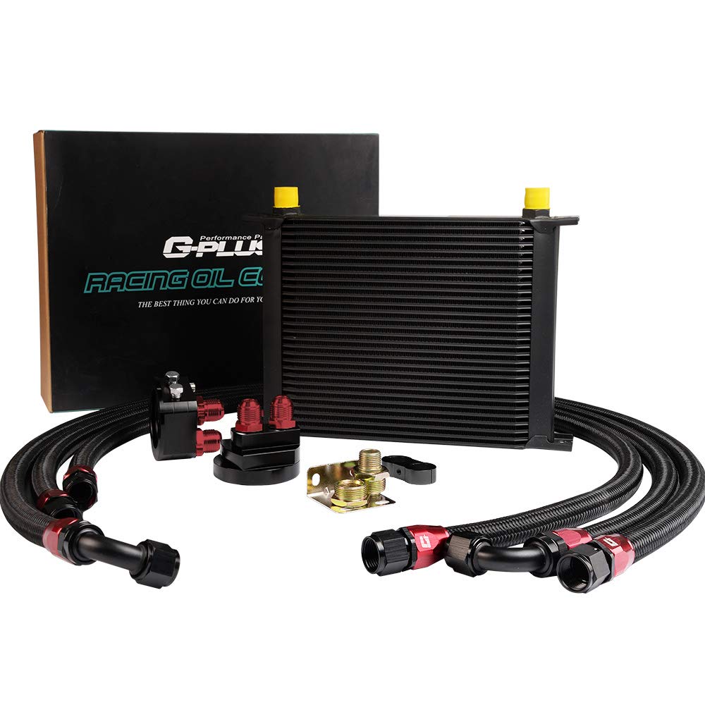 G-PLUS 30 Row 10AN-AN10 Universal Aluminum Engine Transmission Oil Cooler Kit Oil Filter Relocation Kit Black