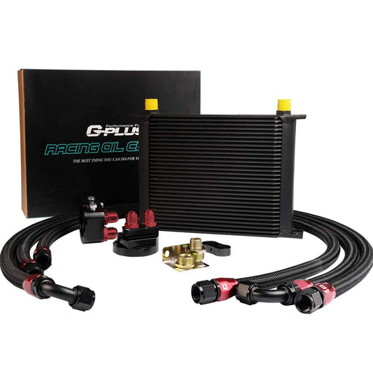 G-PLUS 30 Row 10AN-AN10 Universal Aluminum Engine Transmission Oil Cooler Kit Oil Filter Relocation Kit Black