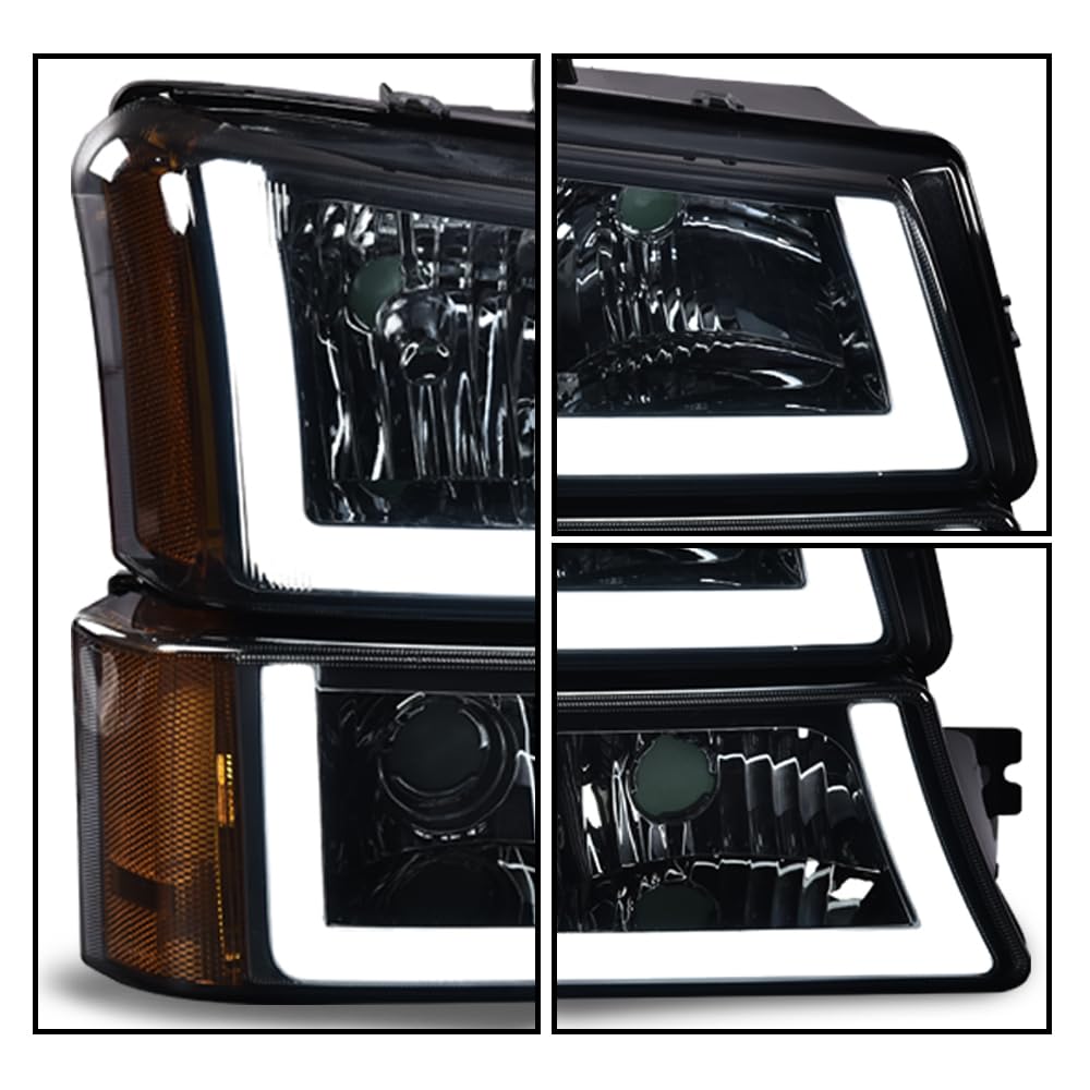G-PLUS LED Headlights Assembly & Tail Lights Fit Chevy Silverado 1500 1500 HD 2500 2500 HD 2003-2006, Smoky Lens Chrome Housing Amber Reflector Headlamps Assembly Red Taillights
