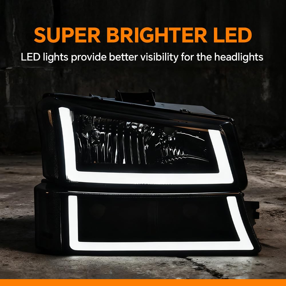 G-PLUS LED DRL Headlights, Compatible with 2003-2006 Chevy Silverado 1500/1500 HD/2500 HD/3500 Smoky Lens Black Housing Clear Reflector Bumper Headlamps,faros delanteros