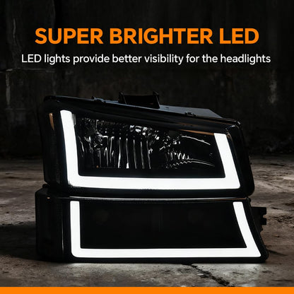G-PLUS LED DRL Headlights, Compatible with 2003-2006 Chevy Silverado 1500/1500 HD/2500 HD/3500 Smoky Lens Black Housing Clear Reflector Bumper Headlamps,faros delanteros