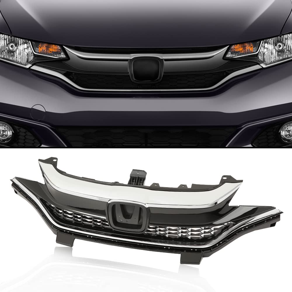 G-PLUS Front Bumper Upper Chrome Honeycomb Grille Grill Compatible with 2018 2019 2020 Honda Fit 71121-T5R-A50, 71122-T5R-A50, 71123-T5R-A50