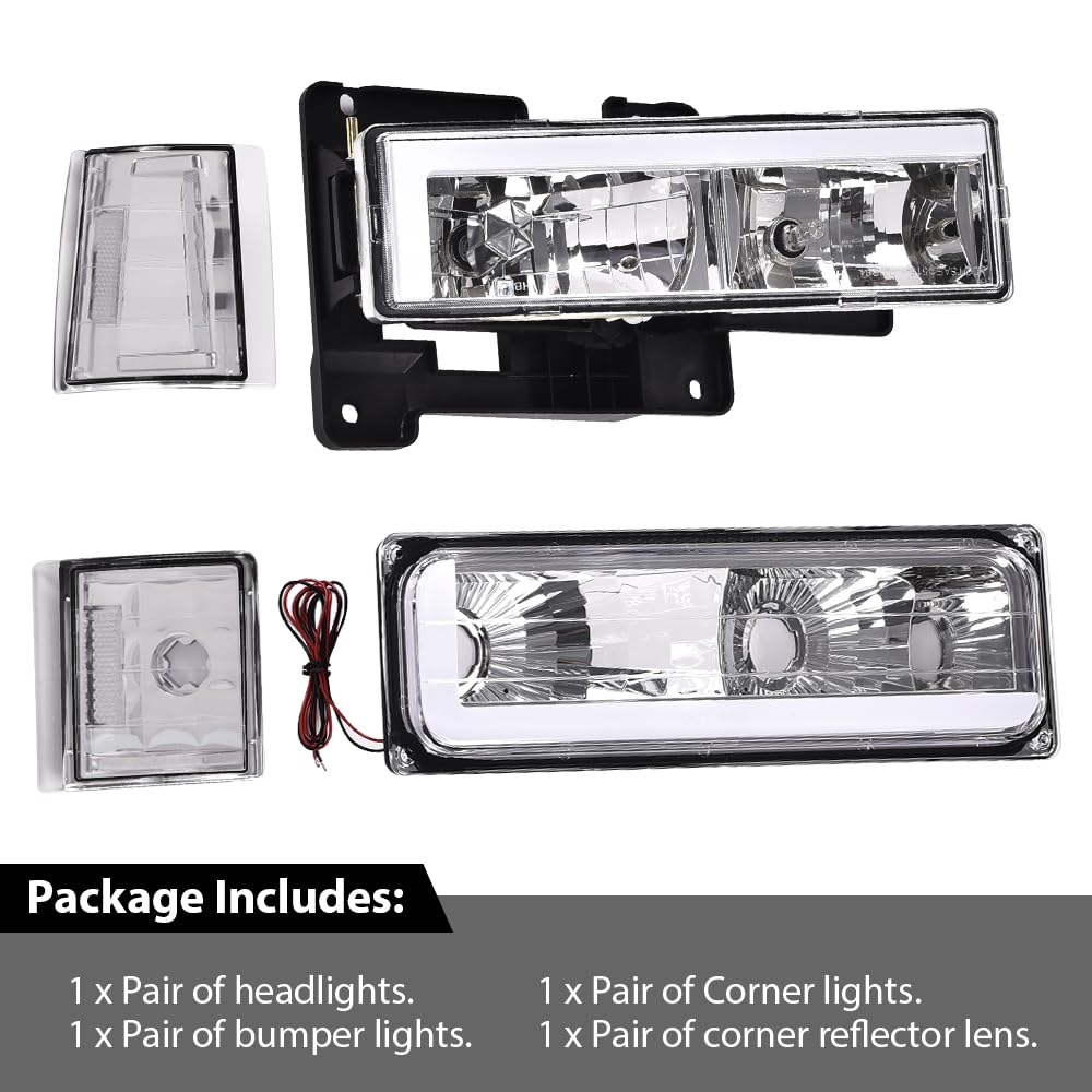 G-PLUS Corner Headlights w/Bulbs Fit GMC Yukon C/K1500 C/K2500 Suburban 1994-1999,Fit GMC C2500 C3500 K2500 K3500 1994-2000 Clear Lens Chrome Housing Clear Reflector Bumper Headlamps,faros Assembly