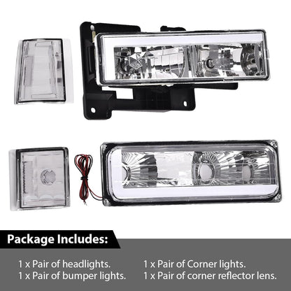G-PLUS Corner Headlights w/Bulbs Fit GMC Yukon C/K1500 C/K2500 Suburban 1994-1999,Fit GMC C2500 C3500 K2500 K3500 1994-2000 Clear Lens Chrome Housing Clear Reflector Bumper Headlamps,faros Assembly