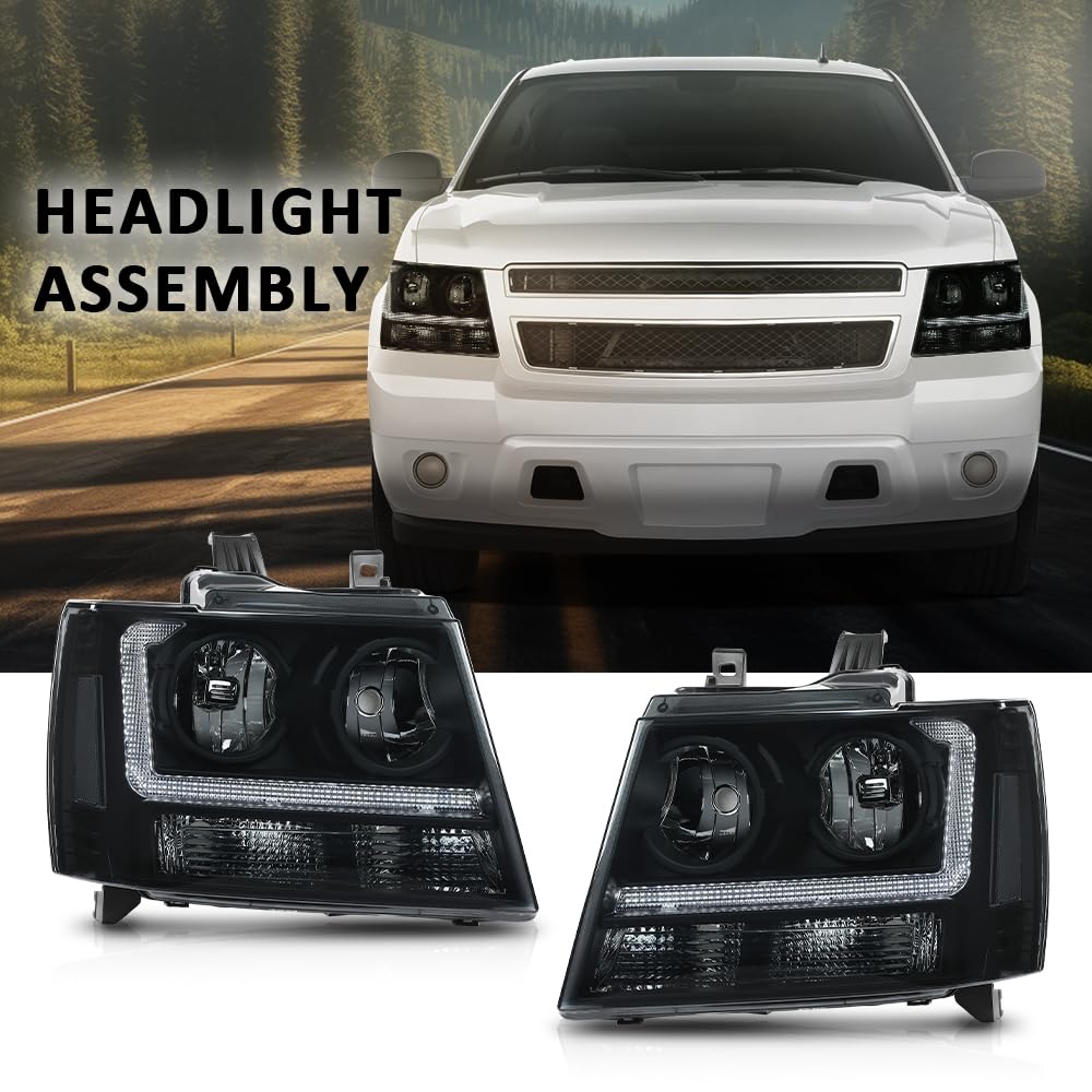 G-PLUS Headlights Assembly Projector Factory Headlamps Compatible with Chevy Tahoe Suburban 2007-2014 Smoky Lens Black Housing Clear Reflector Left & Right Bumper Head Light,faros delanteros