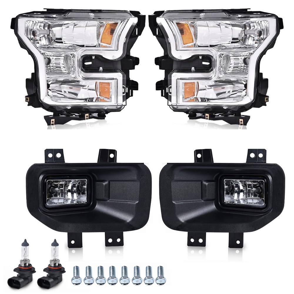G-PLUS Headlights Bumper Lamp + Fog Lights Compatible with Ford F150 2015-2017(White Cover White Frame Orange Reflector Headlights + Fog Lamps)