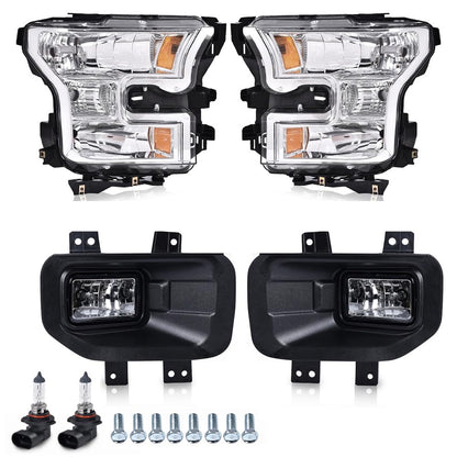 G-PLUS Headlights Bumper Lamp + Fog Lights Compatible with Ford F150 2015-2017(White Cover White Frame Orange Reflector Headlights + Fog Lamps)