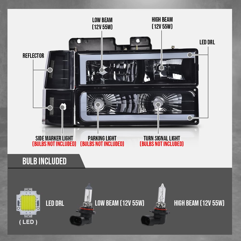G-PLUS LED Headlights Fit GMC C/K1500 C/K2500 Yukon Suburban 1994-1999,Fit GMC C/K2500 C/K3500 1994-2000 Headlamps Smoke Lens Black Housing Clear Reflector,faros delanteros Assembly