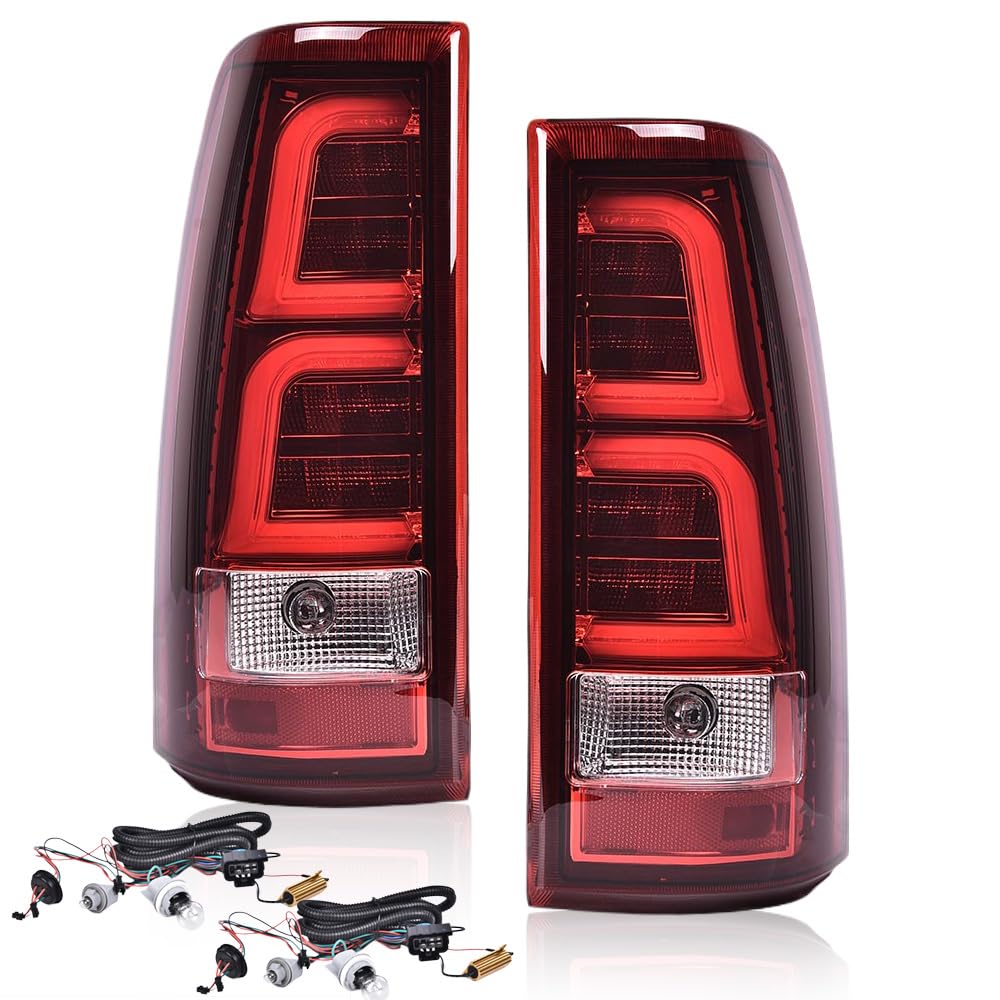 G-PLUS Tail Lights W/Wiring Harness Fit for Chevy Silverado 2003-2006 Driver Left & Passenger Right Red Lens Chrome Housing White light Bar Luces Traseras Rear Brake Lamps Assembly Faros Traseros