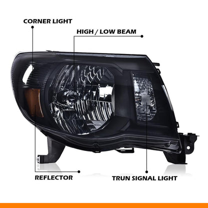 G-PLUS Headlights Assembly, Compatible with 2005 2006 2007 2008 2009 2010 2011 Toyota Tacoma Bumper Headlamps, Smoky Lens Black Housing Amber Reflector,faros delanteros