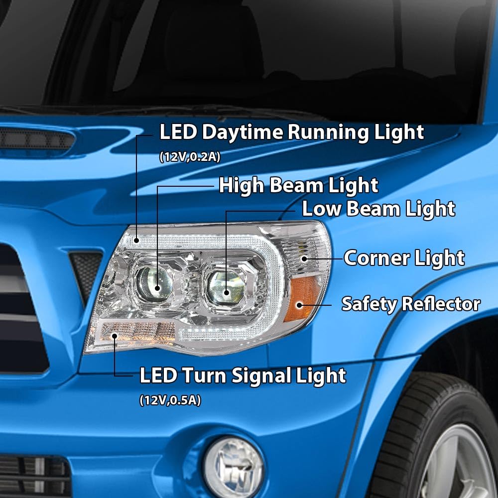 G-PLUS LED Tube Projector Headlights Headlamps W/o Bulbs Compatible with Toyota Tacoma 2005-2011 Clear Lens Chrome Housing Amber Reflector Driver & Passenger Side,faros delanteros