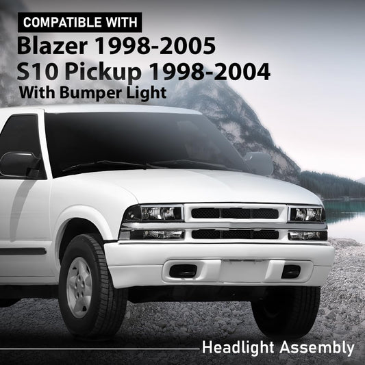 G-PLUS LED Headlights Assembly Front Headlamps Left Right Fit Chevy Blazer 1998-2005, Fit Chevy S10 Pickup 1998-2004 with Bumper Lights Clear Lens Black Housing Clear Reflector,faros delanteros