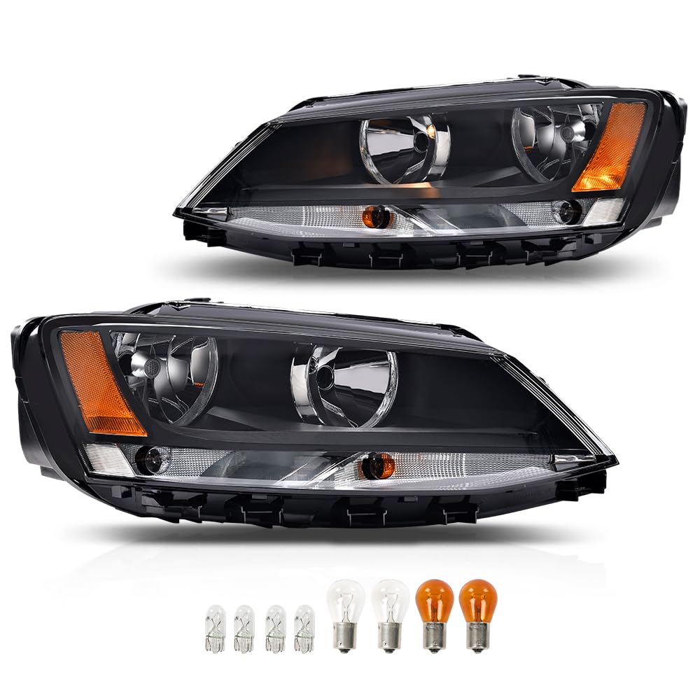 G-PLUS Headlights Headlamps w/Bulbs Compatible with Volkswagen Jetta 2011-2018 Left Right VW2502146, VW2503146 Clear Lens Black Housing Amber Reflector