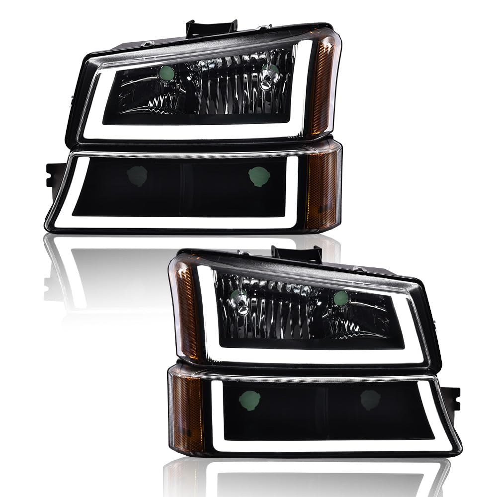 G-PLUS LED DRL Headlights, Compatible with Chevy Silverado Avalanche 2003 2004 2005 2006, Clear Lens Black Housing Amber ReflectorBumper Headlamps