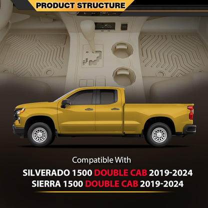 Floor Mats Fit Chevy Silverado 1500 Double Cab 2019-2024 All Weather Protection TPE Floor Liner Waterproof Cargo Liner 1st & 2nd Row Beige 2PCS, alfombras para carro