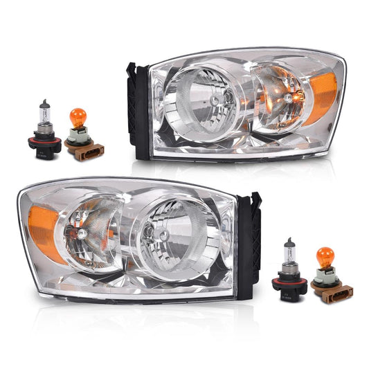 G-PLUS Headlights w/Bulbs Pair Compatible with Dodge Ram 1500 2006-2008/Fit Dodge Ram 2500 3500 2006-2009 68003125AD, 68003124AD, CH2502180, CH2503180 Clear Lens Chrome Housing Amber Reflector