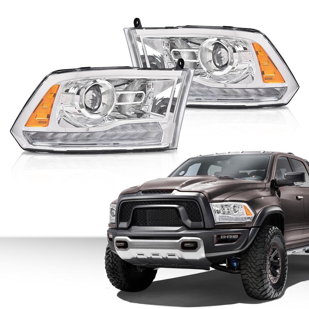 G-PLUS LED Bar Plank Style Headlights Fit for Dodge Ram 1500 2500 3500 2013-2018 Projector Headlamp,Fit Models w/Dual Beam& Quad Beam Models,Clear Lens Chrome Housing Amber Reflector