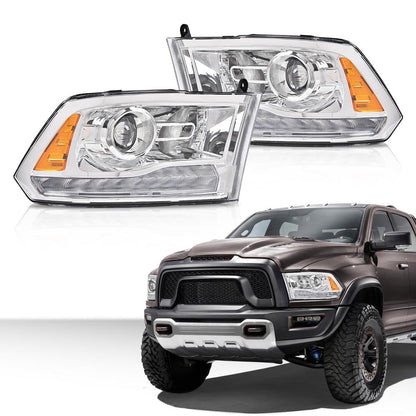 G-PLUS LED Bar Plank Style Headlights Fit for Dodge Ram 1500 2500 3500 2013-2018 Projector Headlamp,Fit Models w/Dual Beam& Quad Beam Models,Clear Lens Chrome Housing Amber Reflector