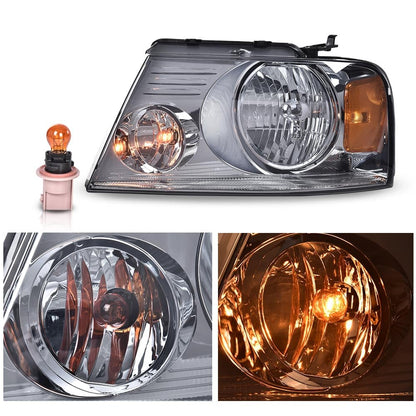 G-PLUS Headlights Assembly, Fit 2004-2008 Ford F150/2006-2008 Lincoln Mark Lt(NOT Fit 2004 F150 Heritage/Flareside Beds),Smoky Lens Chrome Housing Amber Reflector Bumper Headlamps