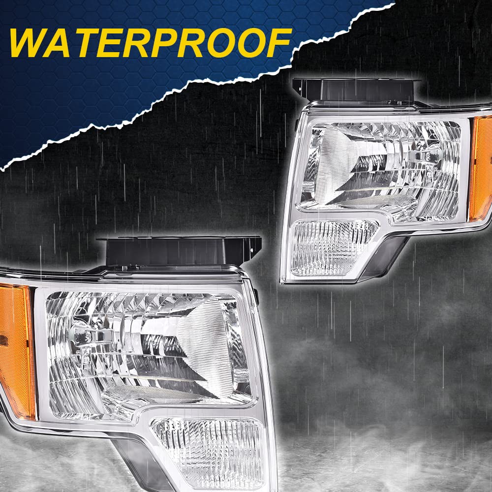 G-PLUS Headlights Assembly, Compatible with Ford F150 2009-2014(NOT Fit LED Style,Only Fit without LED Style) Bumper Headlamps, Clear Lens Chrome Housing Amber Reflector,faros delanteros