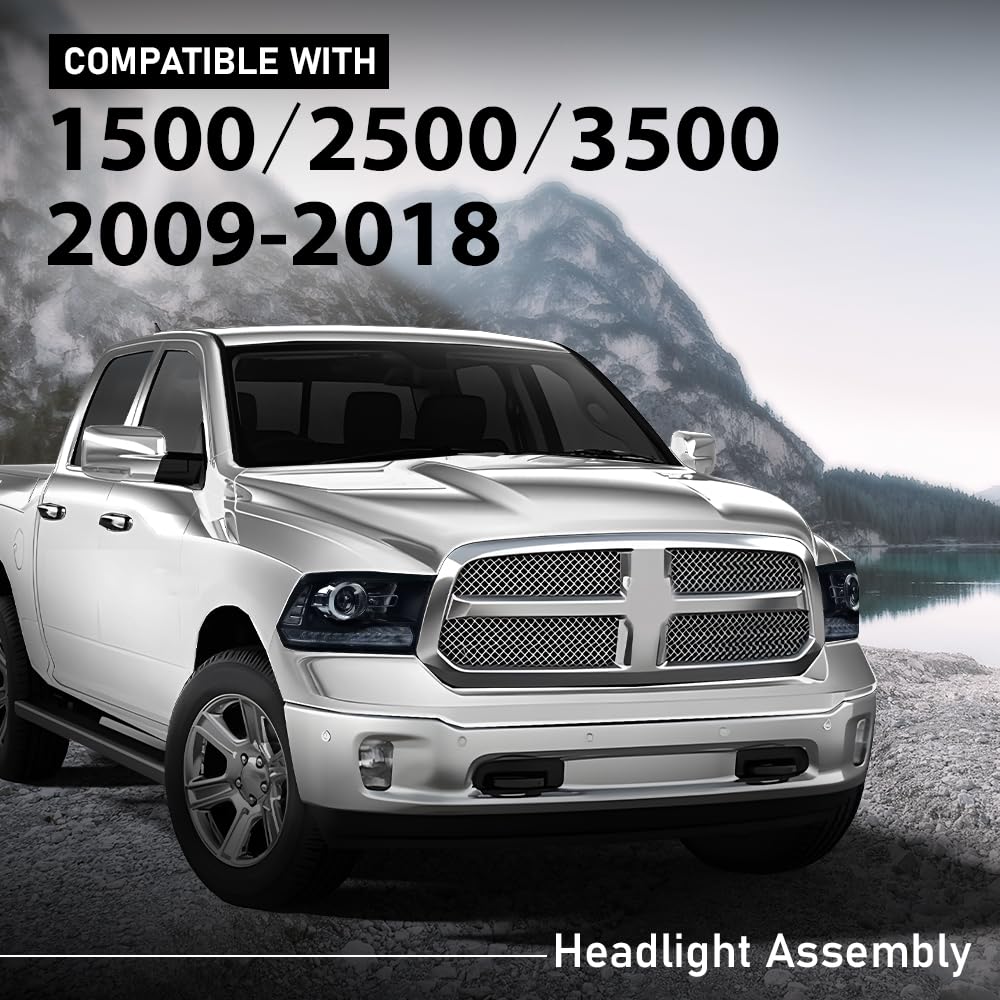 G-PLUS LED Projector Headlights Assembly Compatible with Dodge Ram 1500 2500 3500 2009-2012, Headlight Bar Plank Style, Smoky Lens Black Housing Clear Reflector