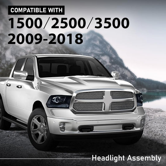 G-PLUS LED Projector Headlights Assembly Compatible with Dodge Ram 1500 2500 3500 2009-2012, Headlight Bar Plank Style, Smoky Lens Black Housing Clear Reflector
