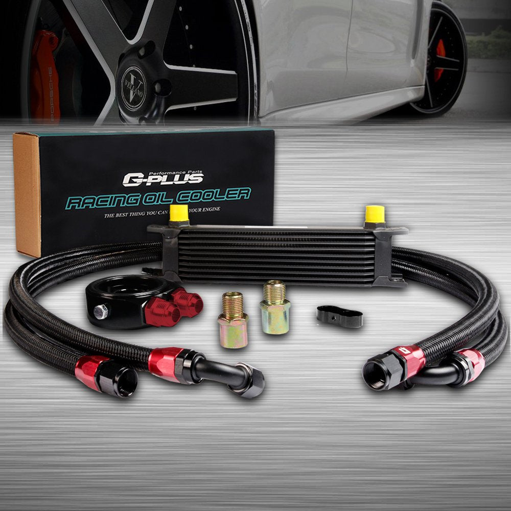 G-PLUS 10 Row 10AN Universal Aluminum Engine Transmission Oil Cooler Kit + Oil Filter Adaptor Kit Black