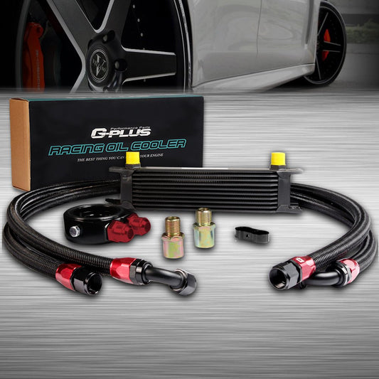 G-PLUS 10 Row 10AN Universal Aluminum Engine Transmission Oil Cooler Kit + Oil Filter Adaptor Kit Black