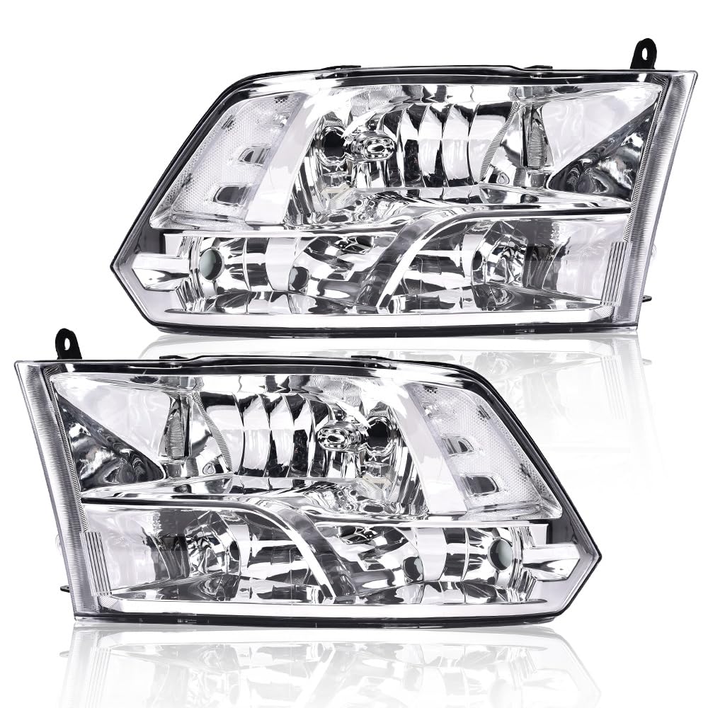 G-PLUS Headlights Assembly Compatible with Dodge Ram 1500 2500 3500 2009-2012 (New Body), Only Fit Factory Quad, Clear Lens Chrome Housing Clear Reflector, faros delanteros
