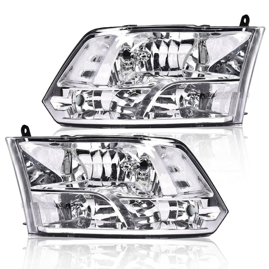 G-PLUS Headlights Assembly Compatible with Dodge Ram 1500 2500 3500 2009-2012 (New Body), Only Fit Factory Quad, Clear Lens Chrome Housing Clear Reflector, faros delanteros