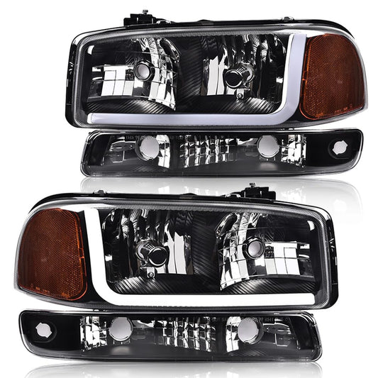 G-PLUS LED DRL Headlights Assembly Compatible with 1999-2007 GMC Sierra 1500/2001-2007 GMC Sierra 1500 HD Bumper Headlamps, Clear Lens Black Housing Amber Reflector，Left & Right,faros delanteros