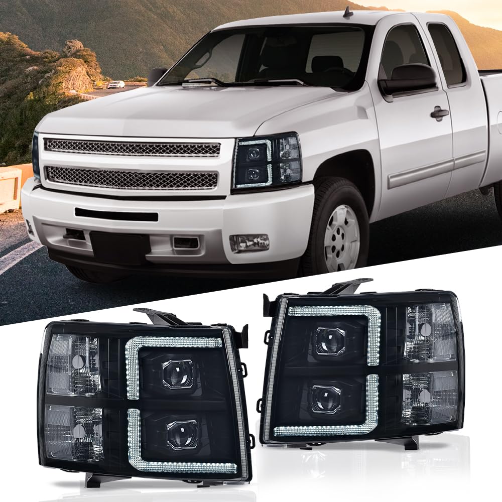 G-PLUS LED Tube Dual Projector Headlights,Fit Chevy Silverado 1500 2007-2013/Fit Chevy Silverado 2500 3500 & HD 2007-2014,Pair Headlamps faros delanteros,Smoke Lens Black Housing Clear Reflector
