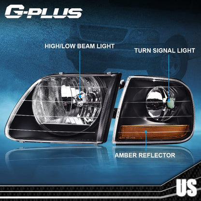 G-PLUS Headlights Assembly,Compatible with Ford Expedition 1997-2002/Fit Ford F150 1998-2003/Fit Ford F250 1988-1999 Bumper Headlamp,Clear lens Black Housing Amber Reflector Left & Right