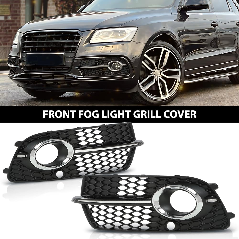 G-PLUS Front Bumper Fog Light Grill Grille Cover w/Silver Ring Compatible with Audi SQ5 / Q5 S-Line 2013-2017 8R0807681M, 8R0807682J