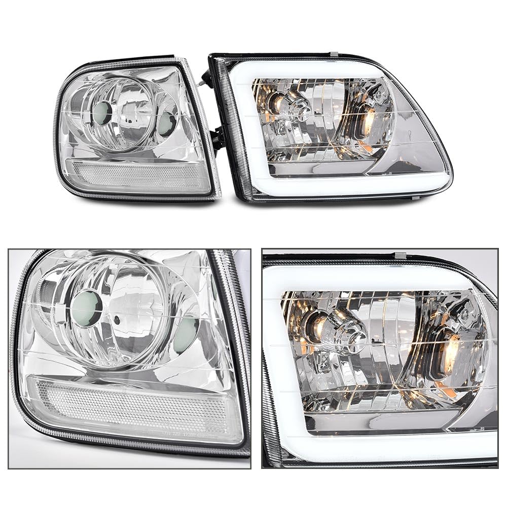 G-PLUS LED DRL Lightning Style Headlights & Corner Parking Lights Compatible with 1997-2002 Ford Expedition/Fit 1998-2003 Ford F150/Fit 1997-1999 F250 Clear Lens Chrome Housing Clear Reflector