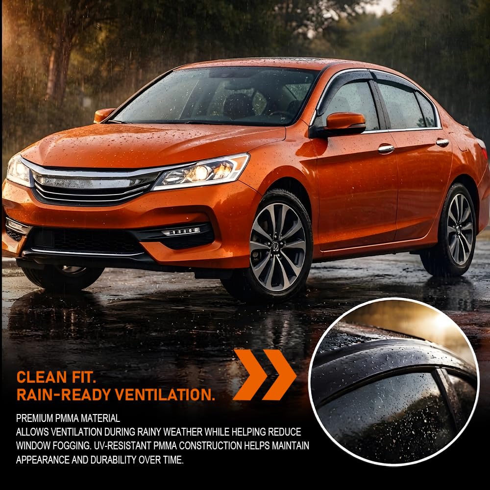 G-PLUS Window Visor Rain Guard Vent Compatible with Honda Accord 9th Gen 4 Door Sedan Model 2013-2017; Not Fit 2 Door Coupe Model or Wagon Model Impact-Resistant PMMA 4 PCS Smoky